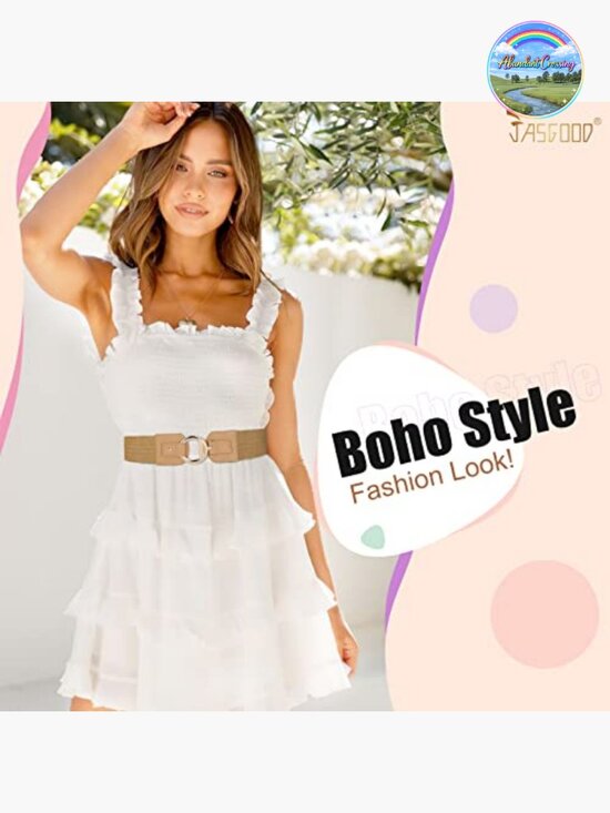 Straw Woven Elastic Belt for Women Vintage Wide Stretch Waistband Dress Boho main image 7